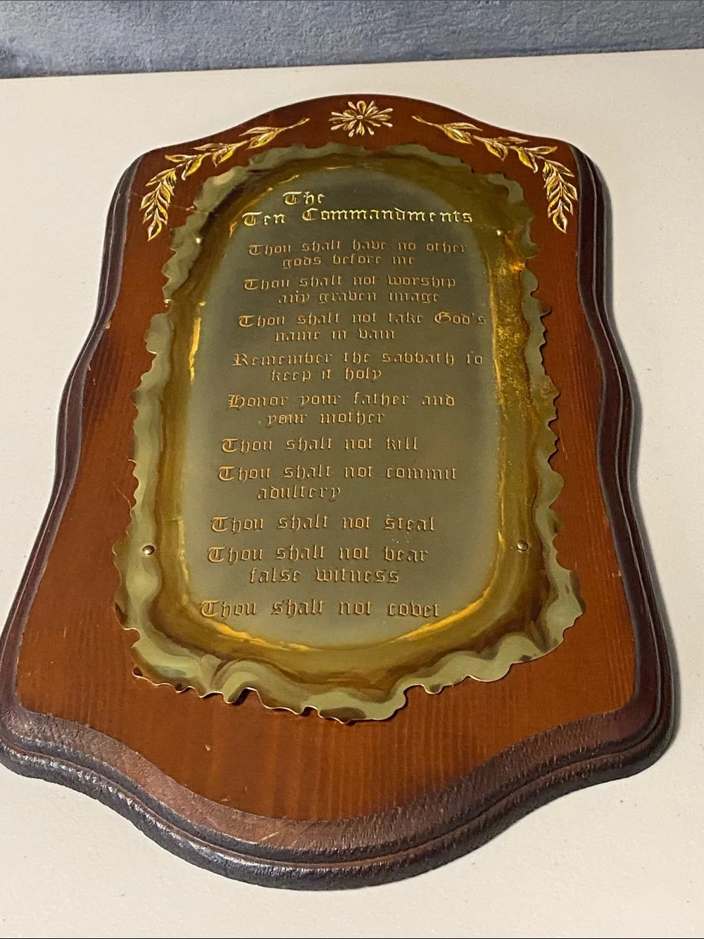 Vintage Home Interiors Ten Commandments Wood and Brass Wall Plaque